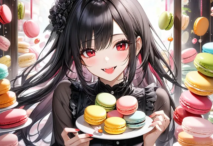 (cute and delicate), (Sweets illustration), (solo, 18,yo), ((beautiful asymmetry bangs)) (beautiful vivid black hair beauty long hair), (best cool girl), (best cool beauty red eyes) (beautiful glossy lip) ((beauty makeup)), ((ecstacy smile, Smirking mouth)...