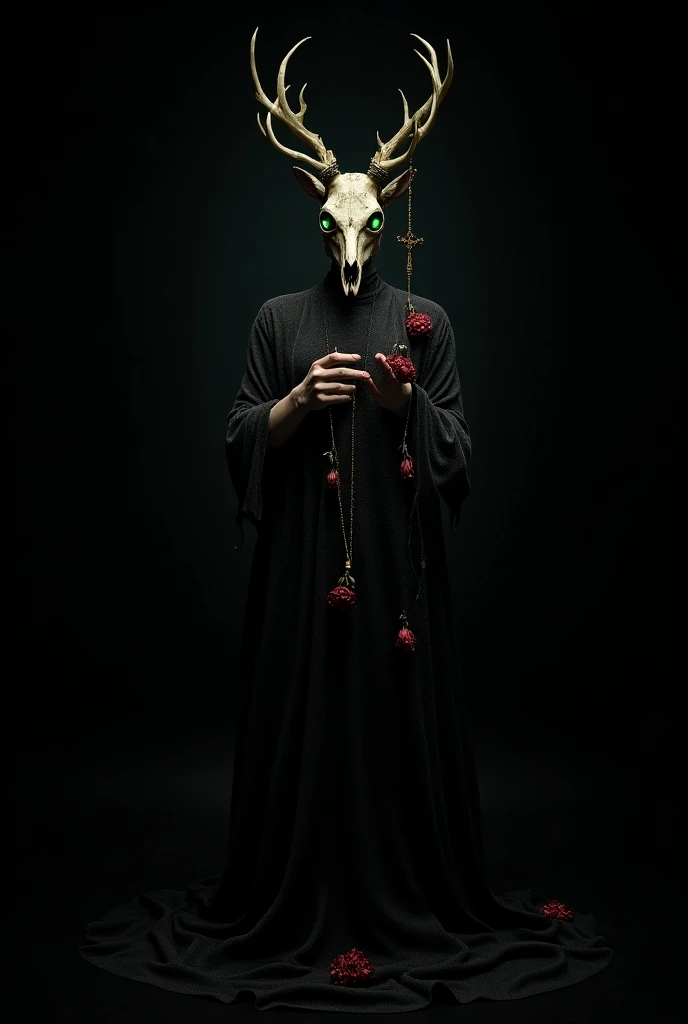 hello,  good morning you could create an image that represents a humanoid creature,  with a deer skull on its head ,  bright green eyes , a dark aura ,  a kind of black fog ,  that serves as a tunic , wilted roses running through her body and an inverted r...