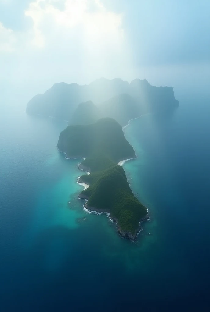 A breathtaking aerial, photorealistic view of the Similan Islands captured by a drone, showing the islands covered in morning mist with soft sunlight streaming through clouds. The water is a deep, clear blue, contrasting with the lush green islands. Rays o...