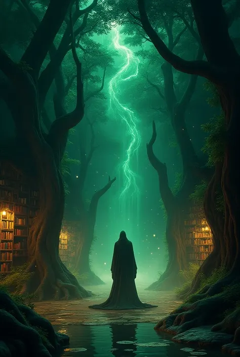 An ancient library hidden in a lush, enchanted forest, where towering bookshelves merge with thick, twisting tree roots and branches. Each book glows with a soft, magical aura in different colors, as if it holds knowledge beyond time. Ethereal fireflies fl...