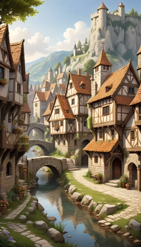 ((masterpiece)),((best quality)),(( high detail)),((realistic,)) ((super detailed)) medieval small town landscape, cartoonist&#3...