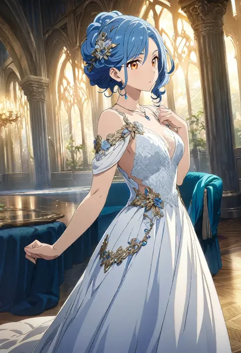 (masterpiece highest quality, highest quality, official art beautiful, beautiful:1.2) wearing fantasy formal clothing, key anime art, blue hair , orange eyes, female