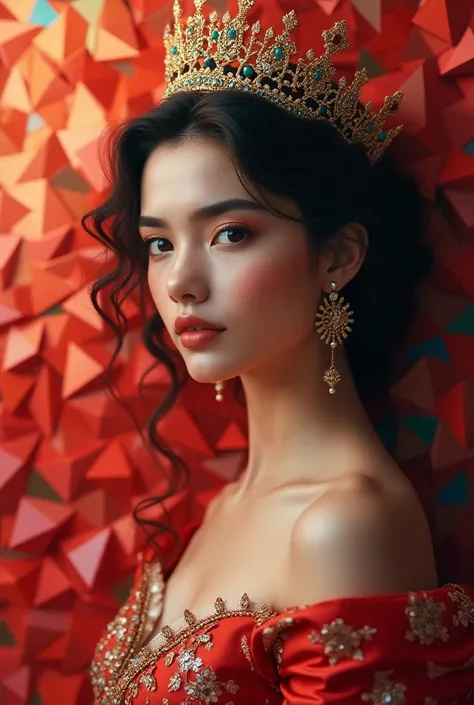  Beautiful young queen ， rendered in a stereoscopic style,  Elegant Dress , crown,  angular geometry , Bright colors, dynamic composition,  High Contrast ,  sharp edges ,  Fragmented view , Abstract twisted , masterpiece, ( Best Quality,4K,【8k, high-resolu...