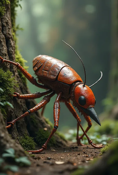 "Create an imaginative hybrid creature combining features of a cockroach and a woodpecker. The creature should have the slender, segmented body of a cockroach with its shiny, brownish exoskeleton and wings. Integrate the vibrant, feathered head and powerfu...