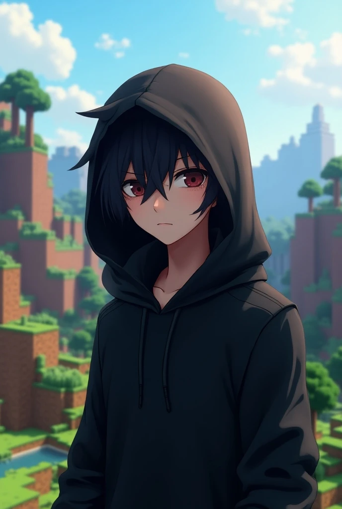 Make A cool anime boy character wearing (black hoodie, black rope eyes) with animated Minecraft background