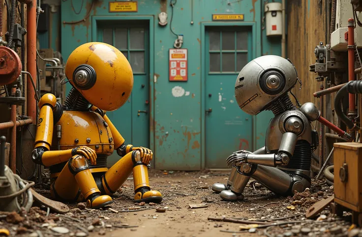 Vibrant, high-contrast matte painting of two retro-futuristic robots, reminiscent of 1960s sci-fi, sitting amidst a cluttered, abandoned warehouse filled with rusted gears, broken machinery, and faded warning signs. The elderly robot, with a warm, golden p...