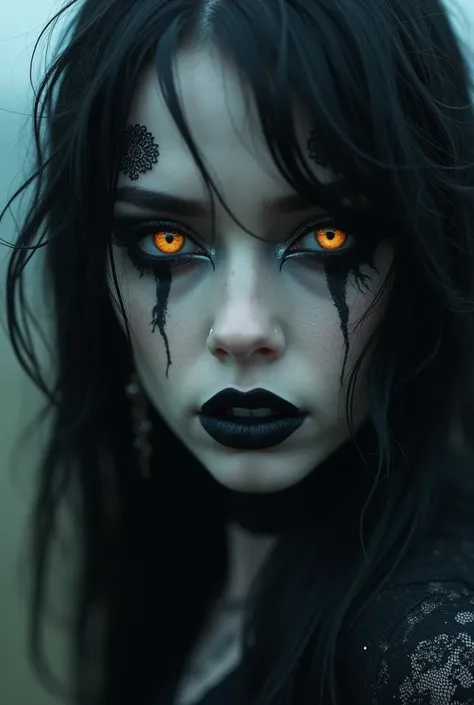 "Create a close-up portrait of a gothic night creature with porcelain-white skin, amber eyes, and dark, smudged eyeliner. Their sharp cheekbones cast deep shadows, and black lipstick enhances their thin, enigmatic smile. Covered in tattoos, and a delicate ...