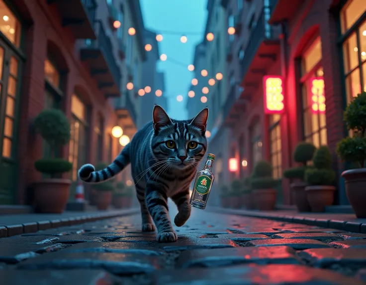 A cat with dark striped gray fur walks with a bottle of vodka on a cobblestone street between discotheque buildings. The background shows brick walls and glittering windows. The cobblestone street creates a classic and calm atmosphere, while the cat stagge...