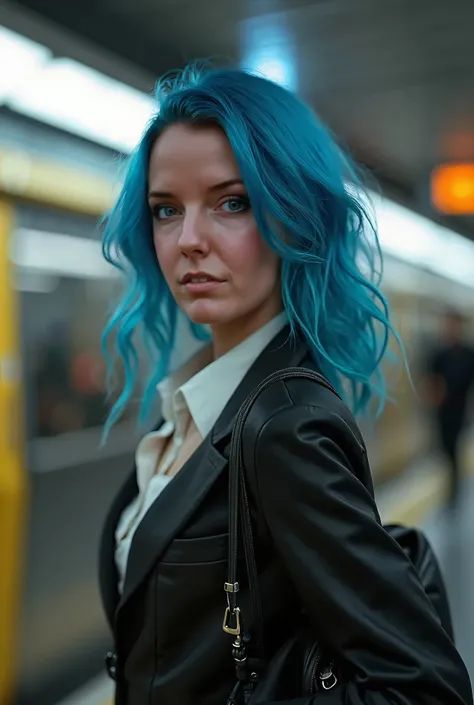 An extremely hot woman with blue hair ,  she is slim and trained and has a large bust size. She stands on a subway in Vienna and goes to work .