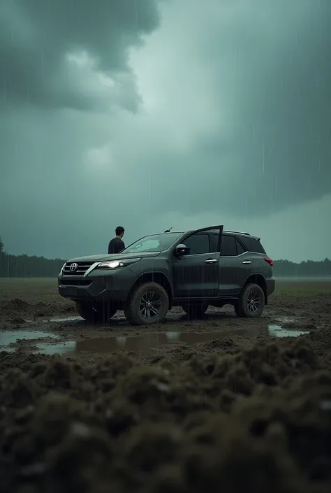  Ek bahot hi jayada bada kichad ka khet ho .  Jisme ek fortuner fas gai ho .  Mosam kharab ho or kale badal ho .  Bhot tej barish ho rhi ho . Aas pas koi bhi nhi ho .  Na hi koi ghr or na hi koi chij ho . Ek random aadmi fortuner ka driver sit ka get open ...