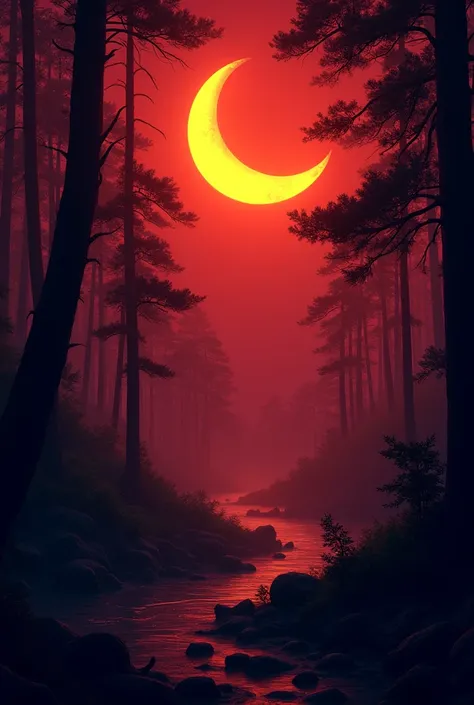 yellow moon with dark red sky forest background images for animation in night time