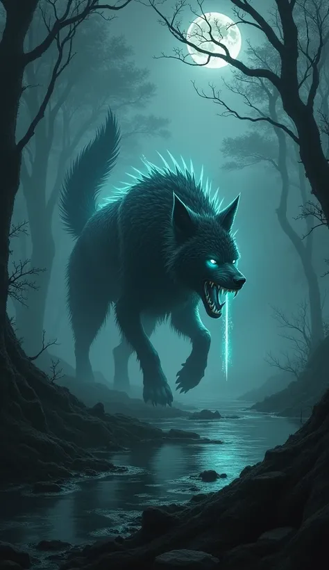 wolf-anglerfish hybrid prowls through the dense shadows of a dark forest, its muscular body blending seamlessly into the mist. Its piercing, glowing eyes emit an eerie blue-green light, cutting through the fog and illuminating patches of the ground around ...