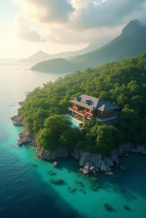 A breathtaking aerial, photorealistic view of the Similan Islands captured by a drone, with a luxury hotel nestled among lush green trees. Morning mist blankets the islands, and warm sunlight pierces through the clouds, casting rays down onto the hotel and...