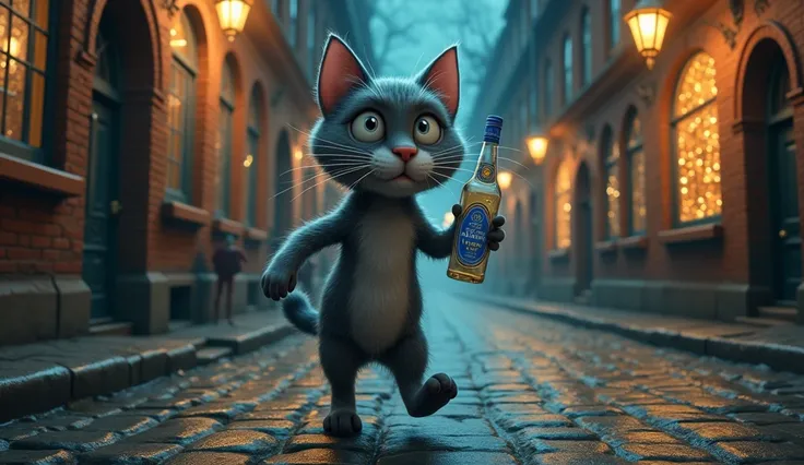 A cat with gray striped fur is staggering while holding a bottle of vodka in its left hand. A cobblestone street between discotheque buildings. The background shows brick walls and glittering windows. The cobblestone street creates a classic and calm atmos...