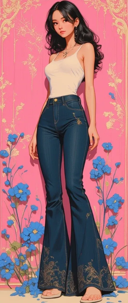 illustration of an elegant+kinky woman in skintight flared jeans and top, standing on the right , blue flowers,  by John Singer Sargent  +  Klimt , pink background, pink Color Theme,  pink wallpaper patterns 