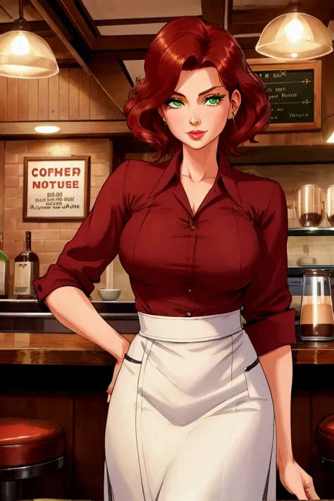 realistic and high-quality photograph of a beautiful woman of 50 years of age height 1. 80 medium build with a beautiful body , reddish hair and green eyes , She wears a short waitress uniform from the 1950s posing at the bar of a coffee shop 