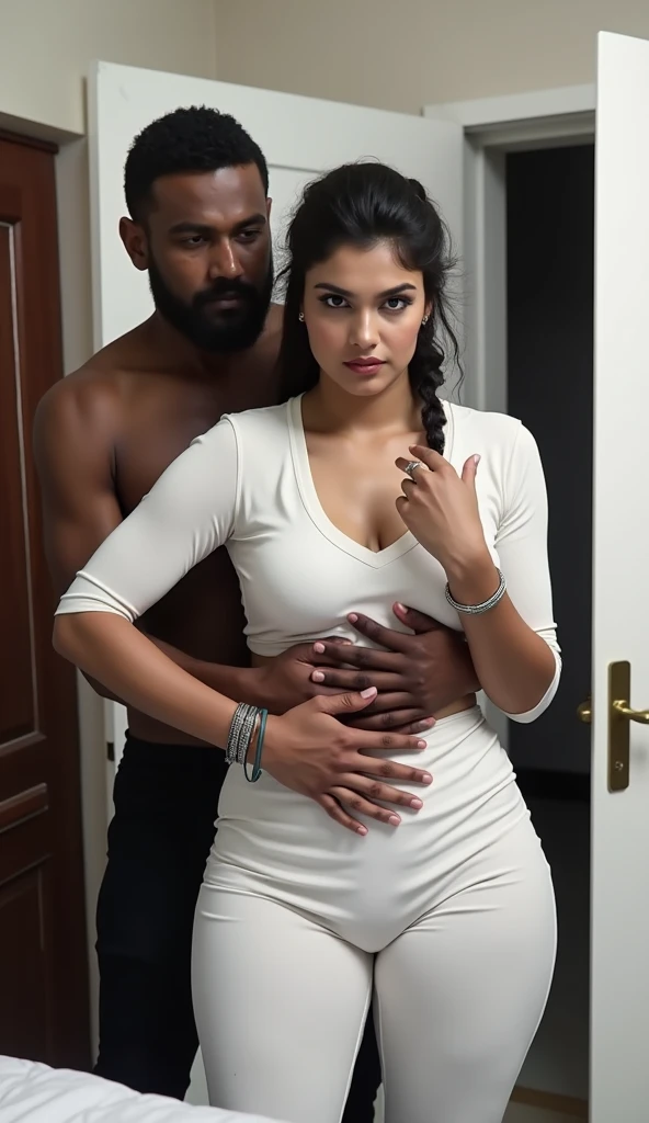 hot curvy white skin slim thick tall south indian milf with long tied single plaited messy hairstyle, big breast, big hip, very big ass, thick thighs, woman wearing bodycon(big breast) with Bangles, indian couple, very tall indian dark skin rich man with s...