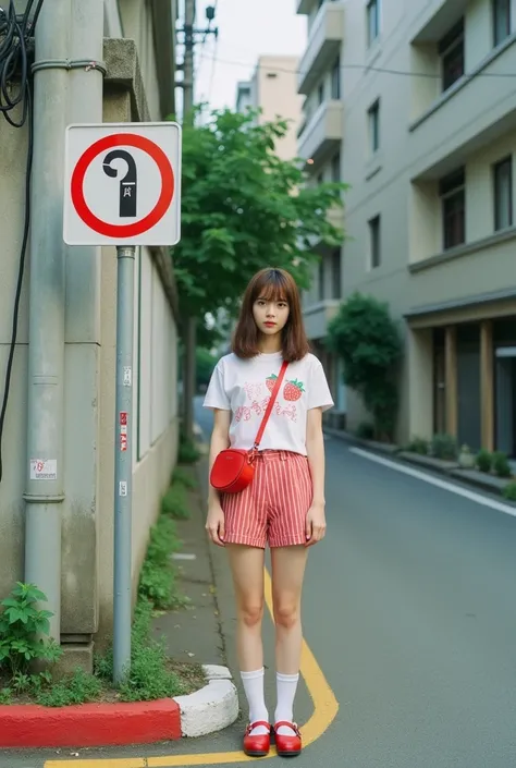 Film Photography, a young woman standing on a street corner. She has a light skin tone and shoulder-length, straight brown hair with bangs. Her hair is adorned with two small pink hair clips on the left side. She is wearing a white short-sleeve crop top wi...