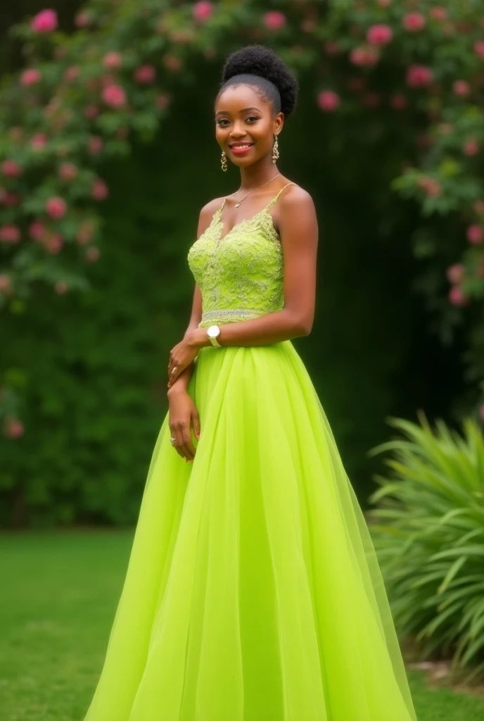 Beautiful nigerian woman in lime bridesmaids dress 