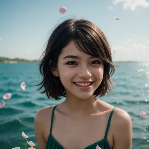 One beautiful and delicate portrait of a playful cute girl with short boyish hair, black hair, emerald green sea, mischievous smile, dancing petals, (top quality, masterpiece, ultra-realistic) and petals floating in the background