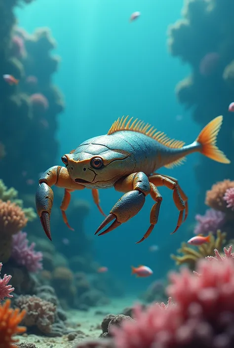 In an underwater scene, a unique hybrid creature swims gracefully through the clear ocean waters. Its body is a blend of a crab, sardine, and halibut fish: the creature has the compact, armored shell of a crab on its back, with multiple legs that scuttle a...