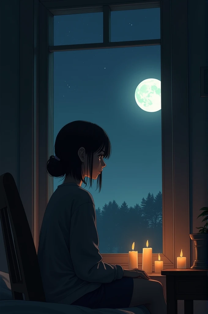 A girl sitting alone in a candle lit room looking at the moon through the window.