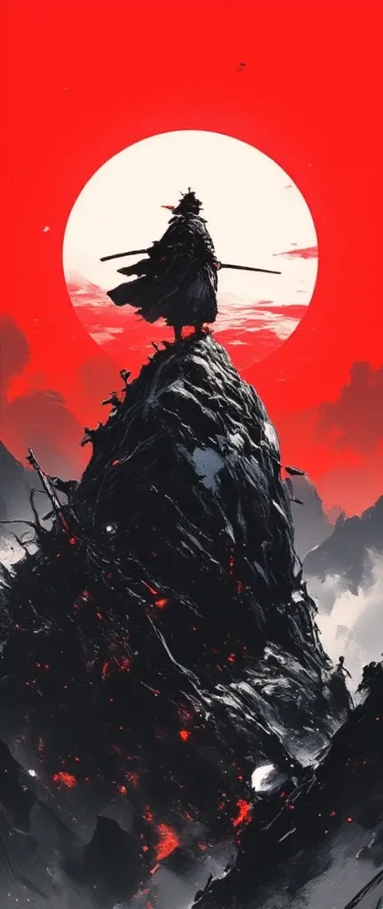 a samurai with his katana image in 3 colors , white ,Black and red, climbed a mountain peak in the center of the image is the sun in white the mountain black the sky red