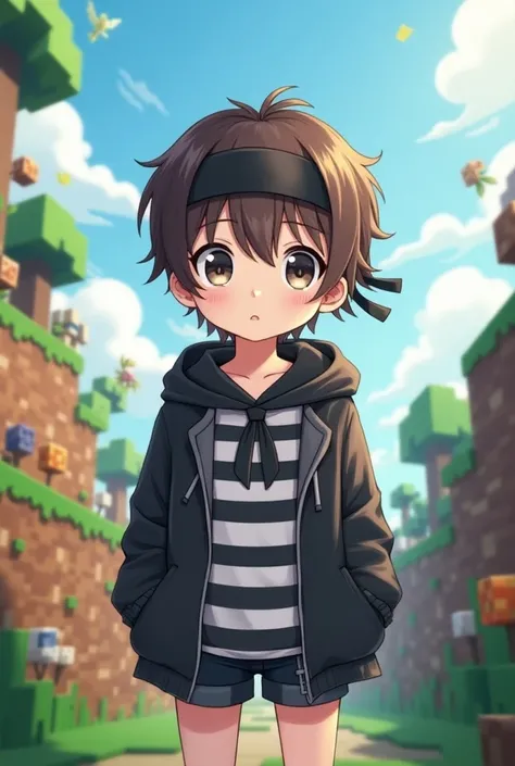 Make A Cute anime boy character wearing (black and white shirt , black tie hoodie) wearing black headbend in eyes
with black clothes 
with animated Minecraft background