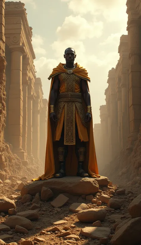 an African King in his destroyed empire standing on top of palace