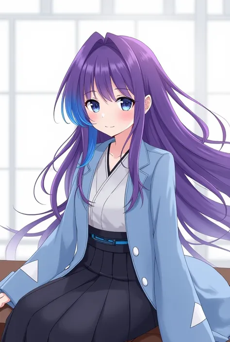 Attractive illustration girl with purple long hair、 
Turn a section of the side of the bangs blue.　
 blue highlights on the side of her bangs 　Part of the bangs is blue　　Blue kimono coat with white triangular pattern on the cuffs　Light blue coat
black haka...