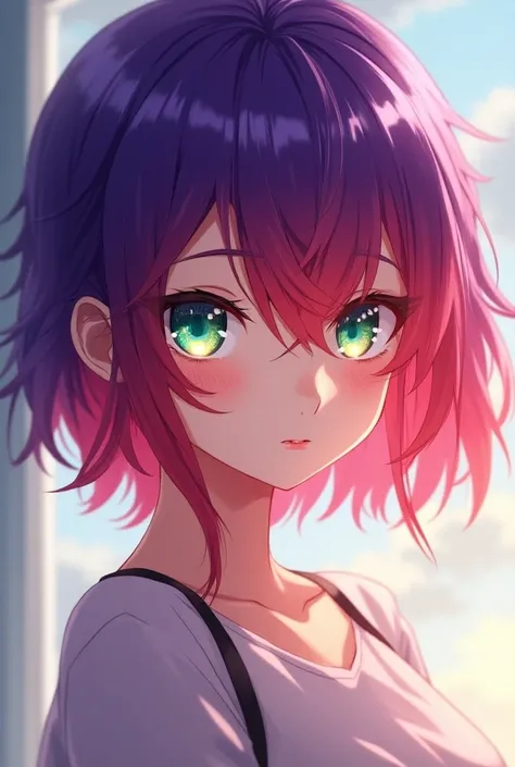 Anime girl have purple highlight-red hair and green-blue eyes