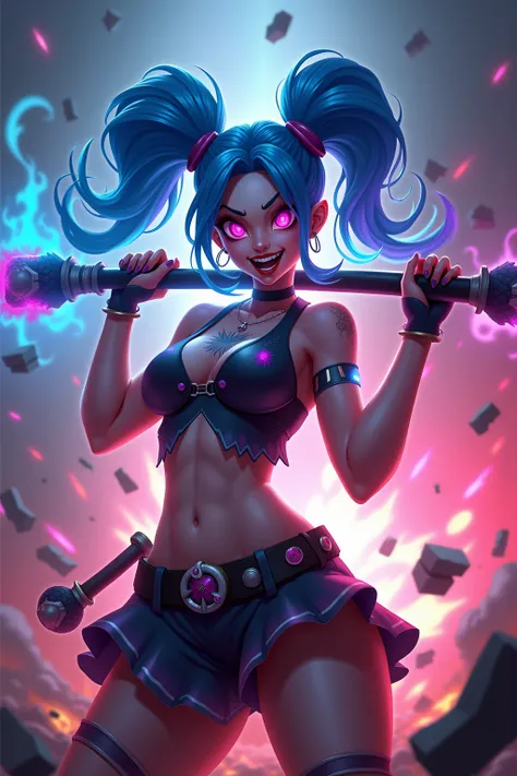 Illustration dynamique et ultra-détaillée de Jinx, célèbre personnage de League of Legends, capturant son côté explosif et chaotique. Au centre de limage, Jinx est représentée dans une pose énergique, avec son sourire espiègle et ses yeux illuminés de mali...