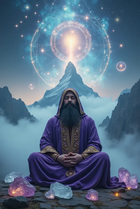 Low angle shot, movie poster. Bearded hermit meditating on an ancient crystal pedestal, surrounded by mysterious piles of crystal shards. Wearing a purple robe or gown intricately embroidered with gold and silver, embellished with beads and elegant pattern...