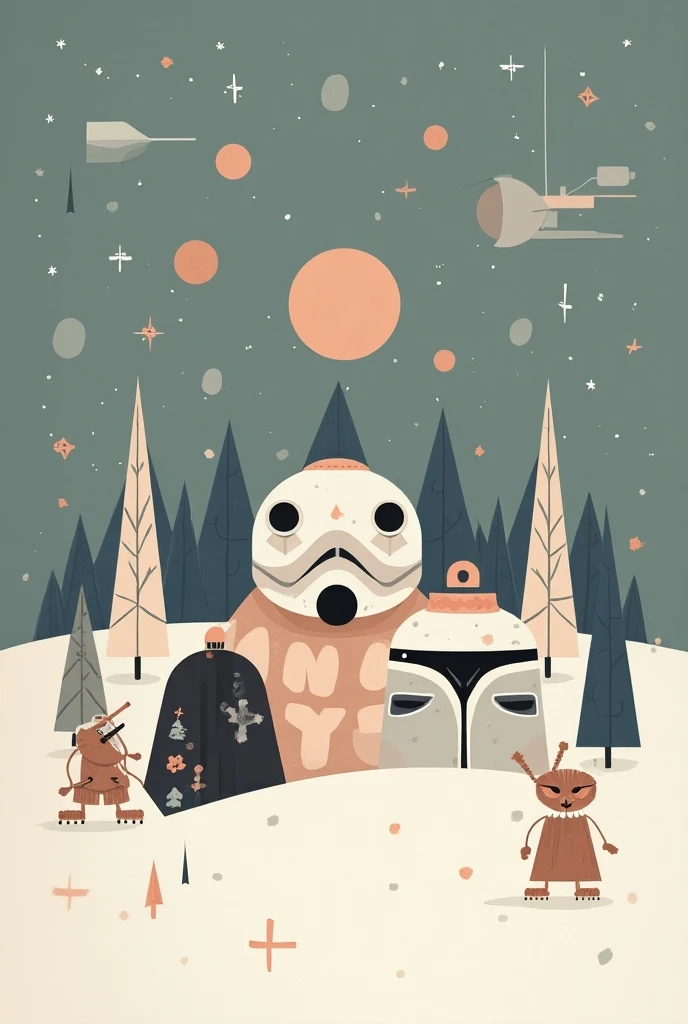  generates a Christmas card ,  featuring Star Wars , Christmas ornaments , warm lights...  figures worthy of a modern Christmas card, but sober, modern minimalist style... ships, stars, Jingle bells, robots, stars