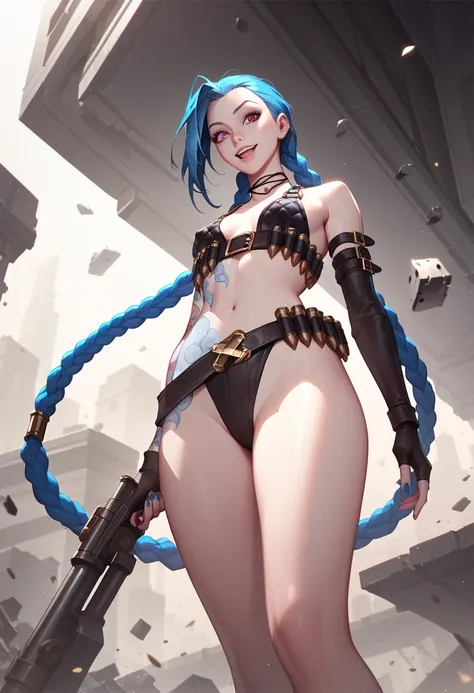 (masterpiece, best quality,top quality),(wide shot:0.95),leagueoflegends,all in one,Jinx,Dynamic angle,1girl,solo, highly detailed, concrete,exquisite clothing, beautiful appearance