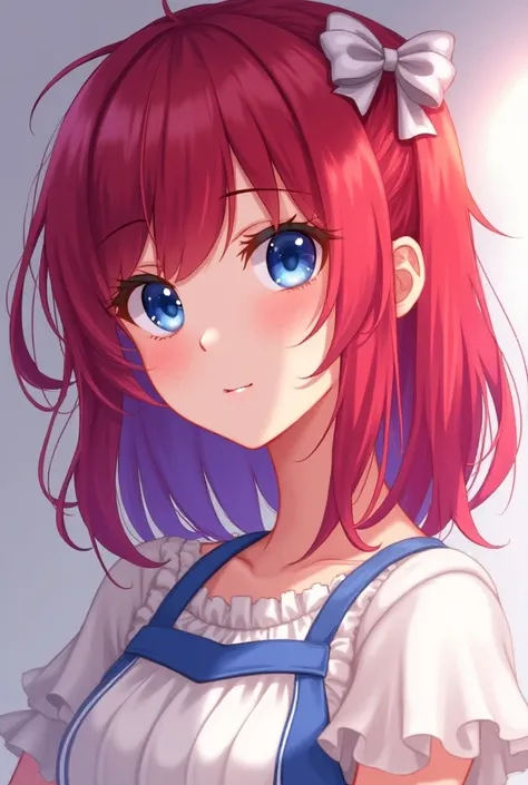 Anime girl have red hair with highlight purple and blue eyes. Her hair is tied back with a bow