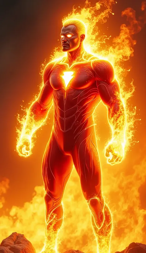 A male superhero who controls fire. He wears a flame-themed red and orange suit, with fire flowing across his body like liquid. His hands and eyes glow with intense heat, and flames dance around him. He stands in front of a raging firestorm, his body surro...