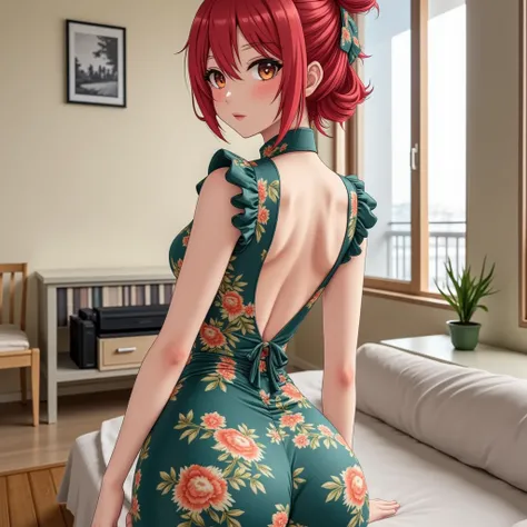 A beautiful anime girl of 19 yo wearing a cheongsam, from behind bubble butt, Japanese dress 