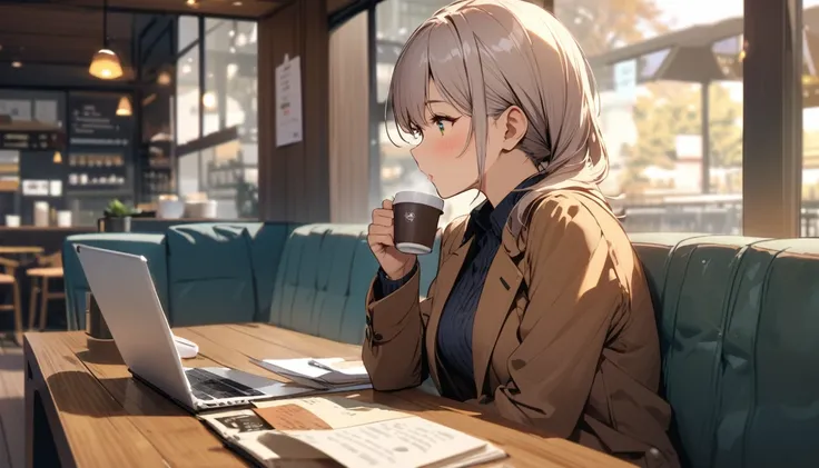 Best Quality,Office lady drinking coffee at cafe,winter,relax