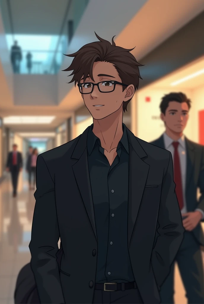 The 26-year-old man is worn black blazer and his right left is his body guard and the background is inside the mall High Resolution, HD, Brown Hair, Closed Mouth, Light Smile, Simple background, Depth Of Field, Motion Blur, Anime Style,  From Side, Rotated...