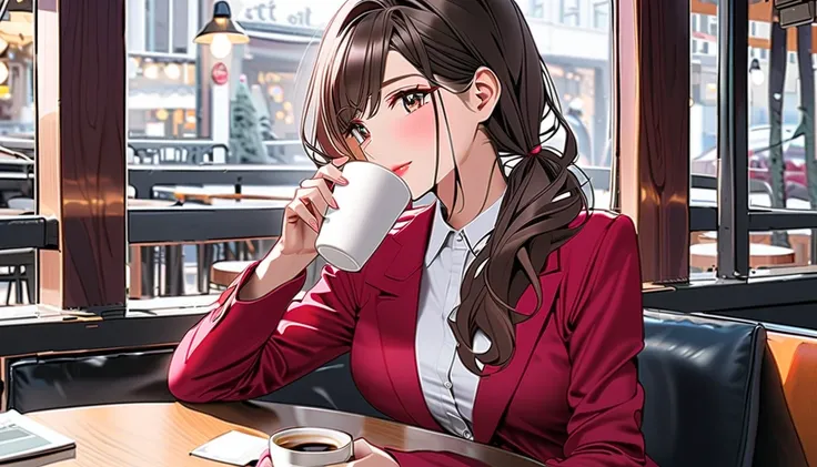 Best Quality,Office lady drinking coffee at cafe,winter,relax