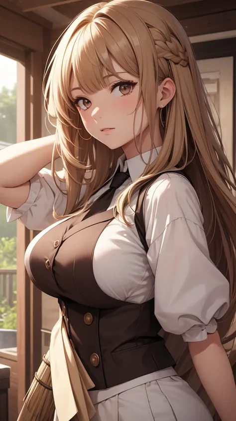 ( best quality,  High Res), portrait,  upper body,  Cool Adult Female, Long hair, Broom Style Bangs , [[[  brown hair  ]]], blond,  brown eyes , Vest, Flat wall , Ultra-fine CG  , big breasts ,