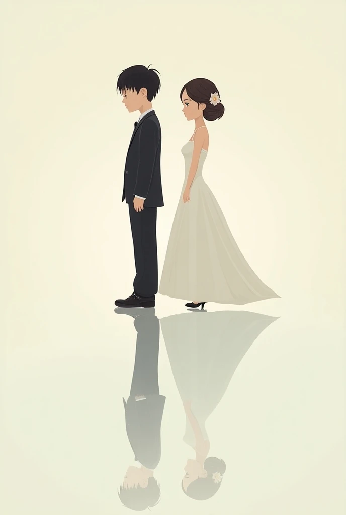 A couple of newlyweds wearing wedding dresses and suits are facing each other, with Asian bodies, but the reflection on the ground shows two people back to back, each going forward, cute illustration style