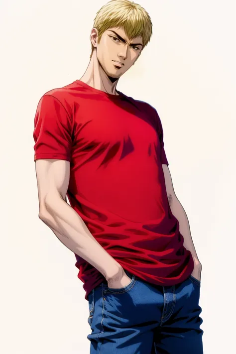 red tshirt, jeans, hands in the pockets, high quality, (masterpiece, best quality:1.2), (simple white background:1.5), comic sty...