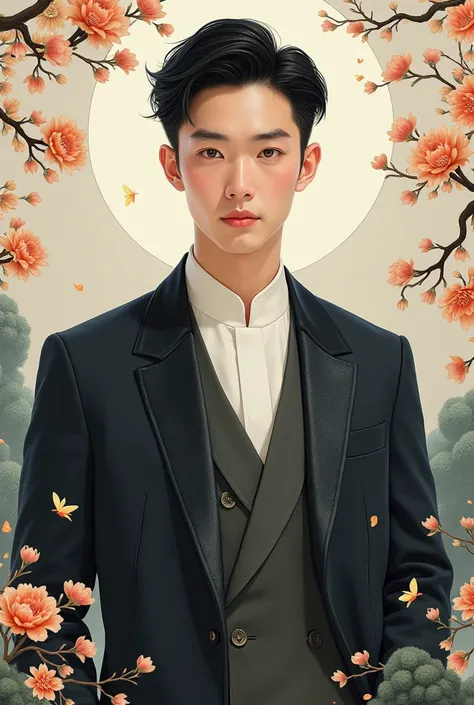 It is a fictional picture of a handsome 24-year-old young man who has short combed black hair, black eyes, pure white skin, and a slightly proportional natural body wearing the clothes of a wealthy businessman in a Chinese fantasy painting style