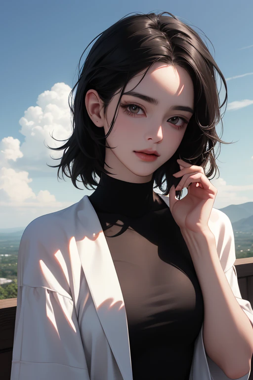 From above, (best quality, ((masterpiece)), Detailed Eyes, 8K resolution, cinematic lighting,digital art,detailed clothes,Semi-realistic, ultra detailed),((long hush cut, black hair)) smile, upstage,1 woman, korean, 35-year-old, ((white t shirts)),looking ...