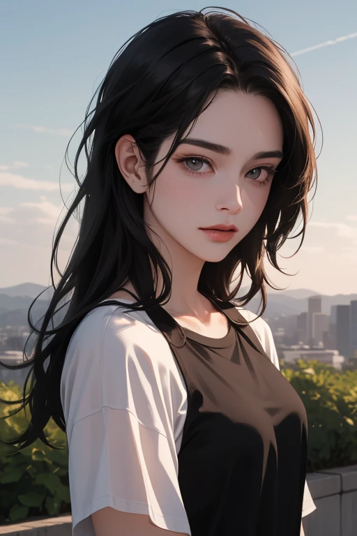 From above, (best quality, ((masterpiece)), Detailed Eyes, 8K resolution, cinematic lighting,digital art,detailed clothes,Semi-realistic, ultra detailed),((long hush cut, black hair)) smile, upstage,1 woman, korean, 35-year-old, ((white t shirts)),looking ...