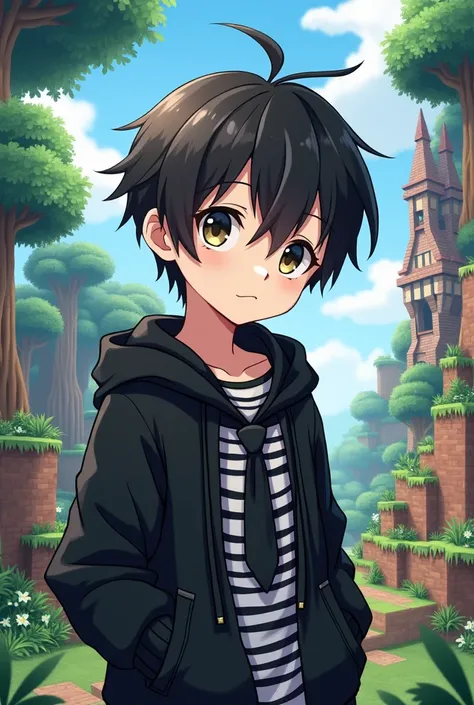 Make A Cute anime boy character wearing (black and white shirt , black tie hoodie) wearing black head bend in eyes with black clothes 
with animated Minecraft background