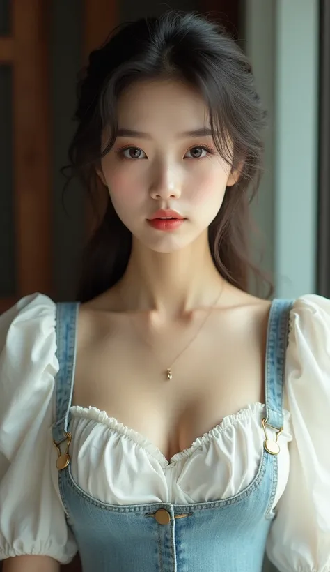 Gentle and charming Chinese beauty, Half-length photo, Exquisite and sexy clavicle, Charming oval face, Double eyelids, Vivid peach eyes, Pink lips, Small nose, Bare shoulders, focused face, Close-up of face, Ultra HD, Super Detail, elegant standing postur...