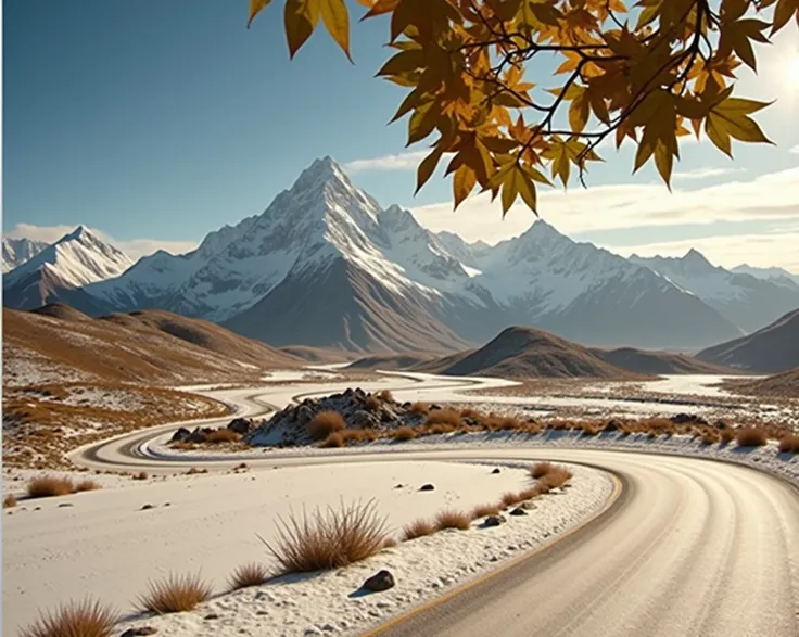 Hilly roadside, snowy mountains in the background, epic wide shot, snow-capped mountains, roadside